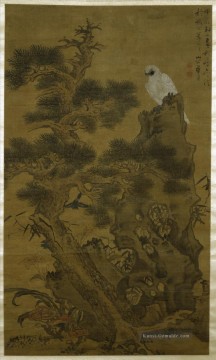 Kiefernfalke und Fels 1664 alte China Tinte Ölgemälde